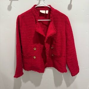 Chico’s Red Tweed Fringe Double Breasted Blazer